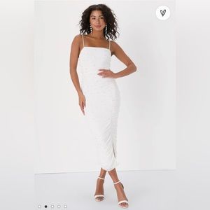 White Ruched Pearl Bodycon Midi Dress